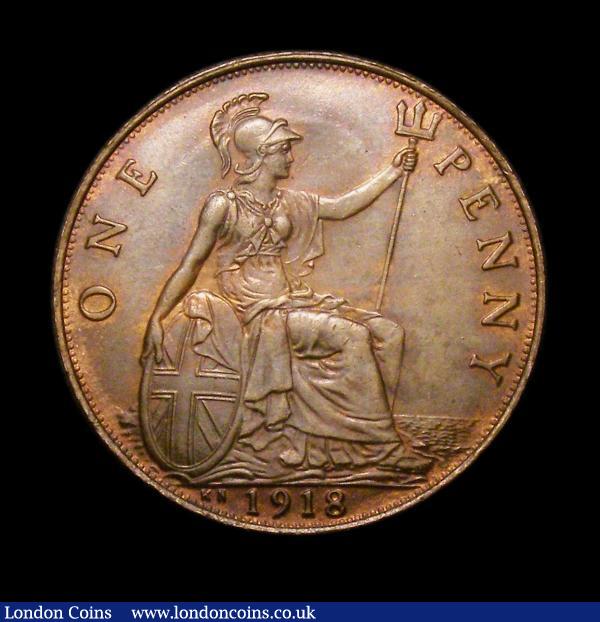Penny 1918KN Freeman 184 dies 2+B A/UNC nicely toned with traces of lustre and a verdigris spot on the rim and edge by BRITT, rare in high grade, Ex-Ian Robinson 23/1/1997 £325, Ex Elstree Collection realised £850 : English Coins : Auction 154 : Lot 2482