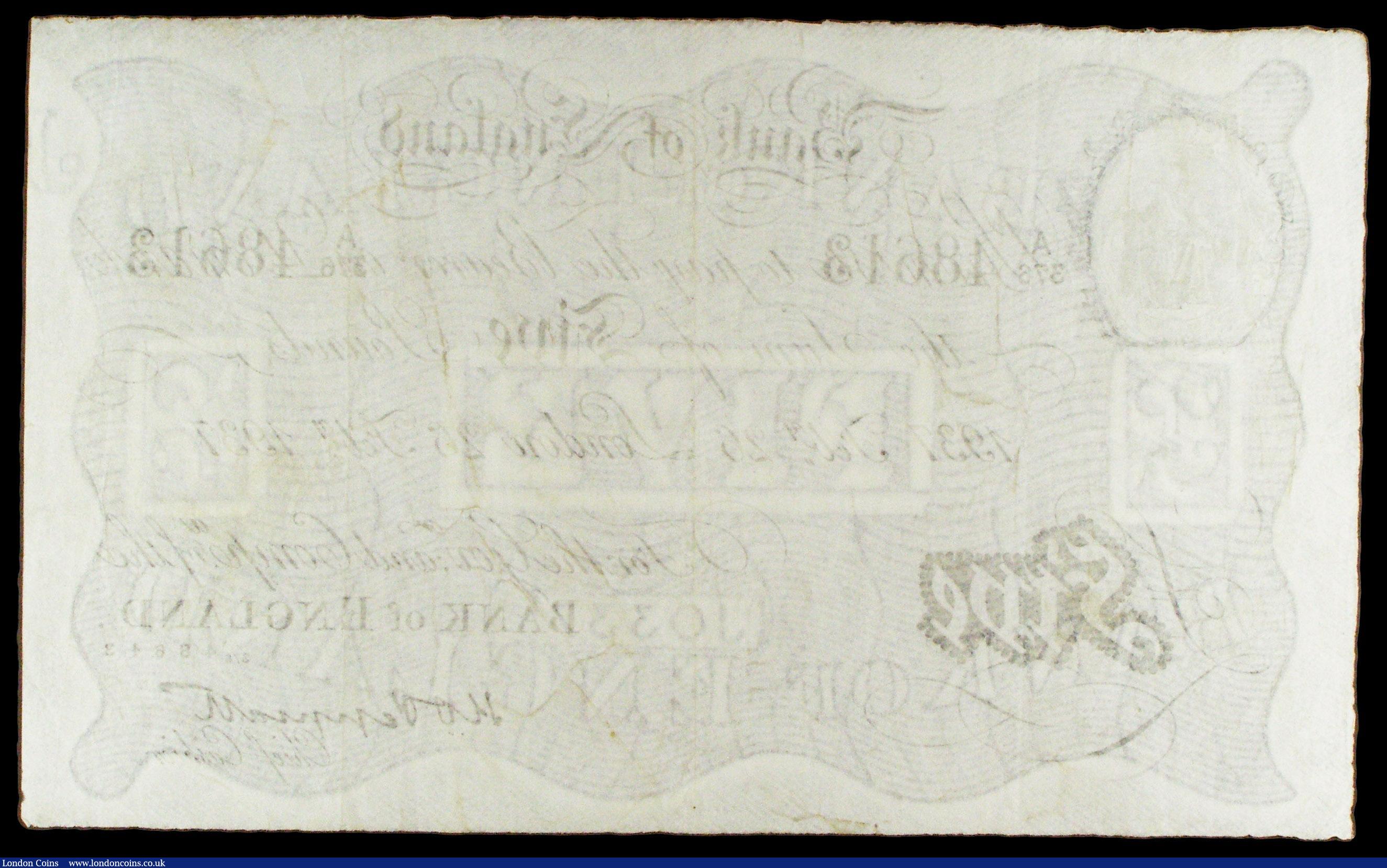 London Coins : A154 : Lot 38 : Five pounds Peppiatt white B241 dated 26th February 1937, series A/376 48613, pressed good Fine