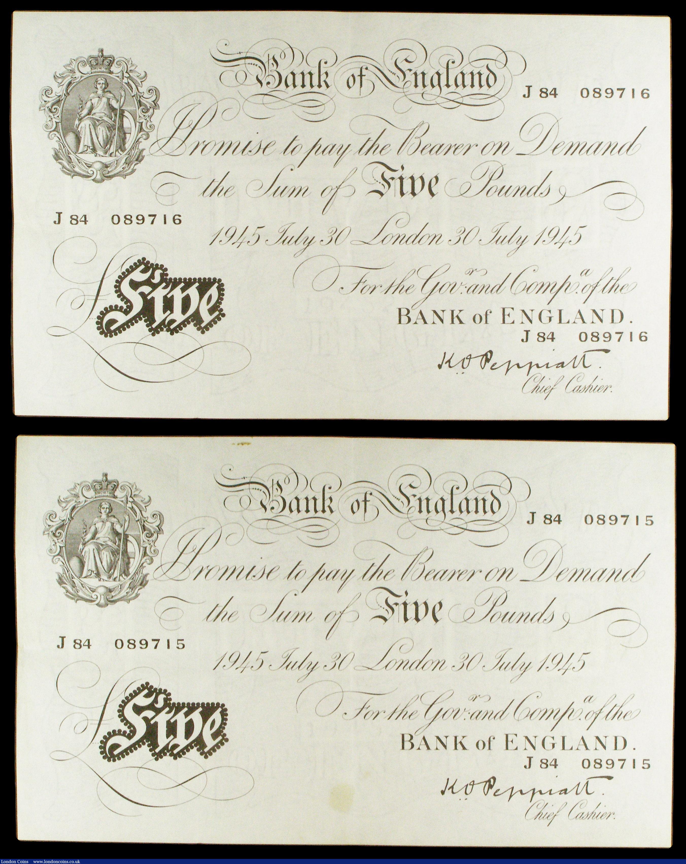 London Coins : A154 : Lot 47 : Five pounds Peppiatt white thick paper B255 (4) all dated 30th July 1945, a consecutively numbered s...