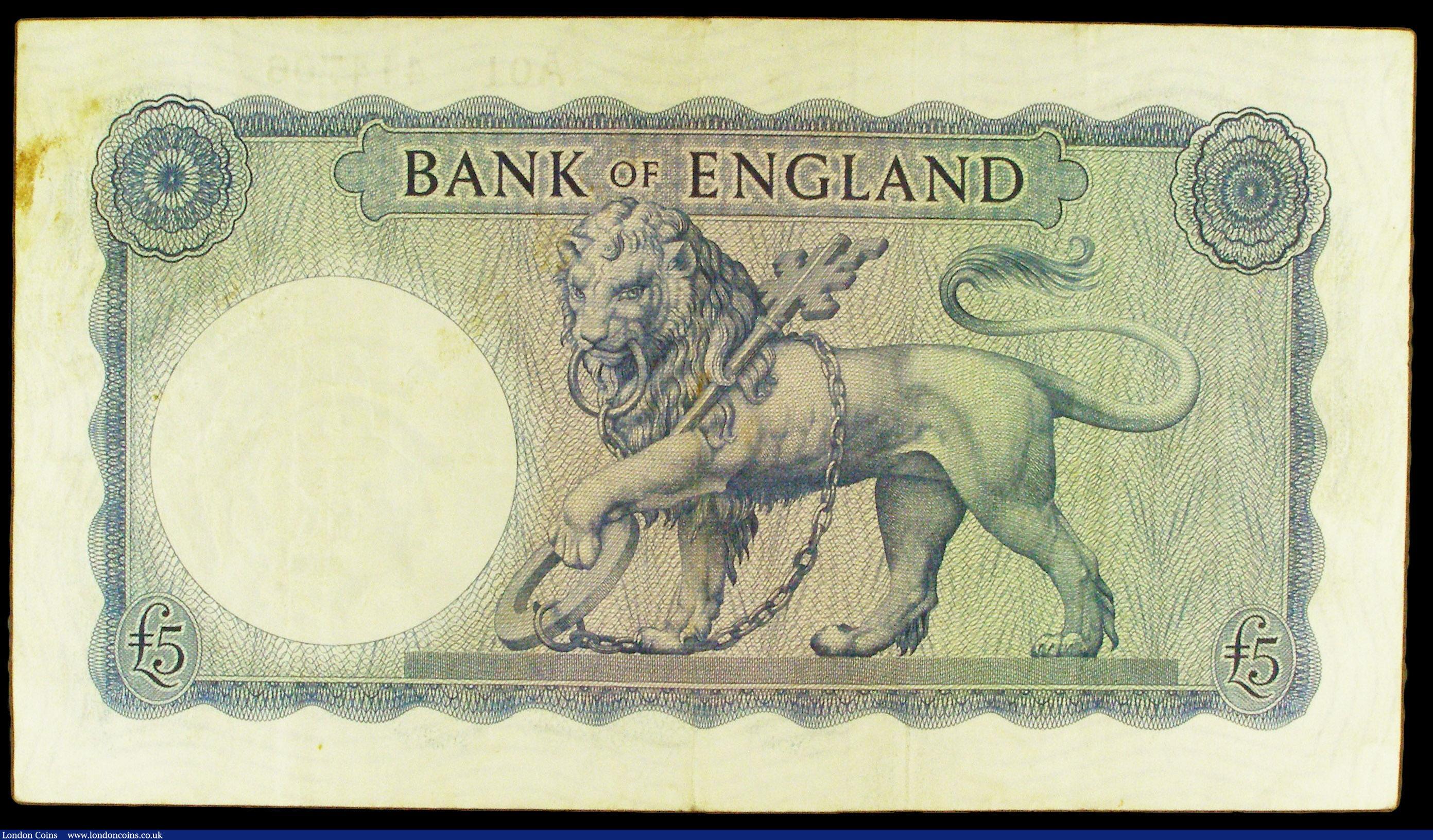 London Coins : A154 : Lot 59 : Five pounds O'Brien B277 Helmeted Britannia issued 1957 scarce first run series A01 414706, Pic...