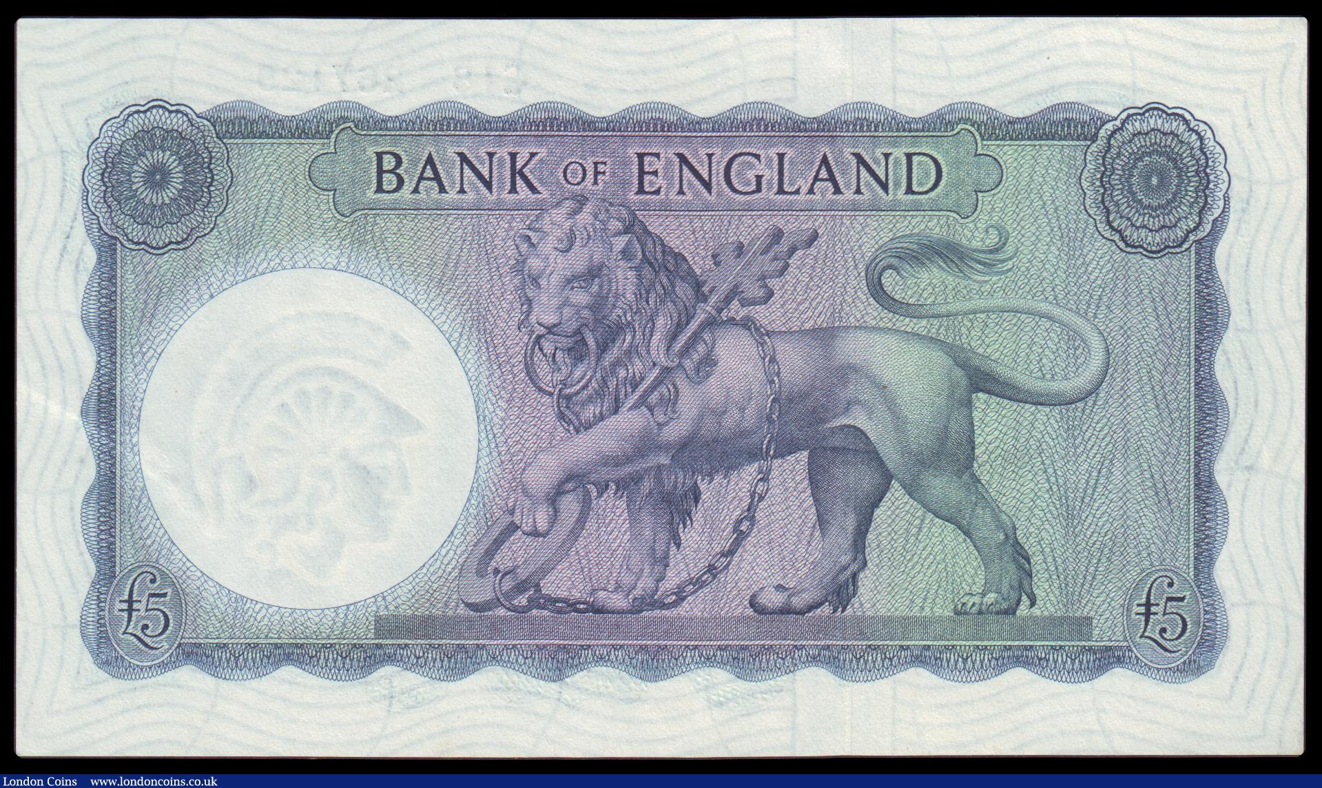 London Coins : A154 : Lot 60 : Five pounds O'Brien B277 issued 1957, Helmeted Britannia series C18 267129, Pick371, about UNC