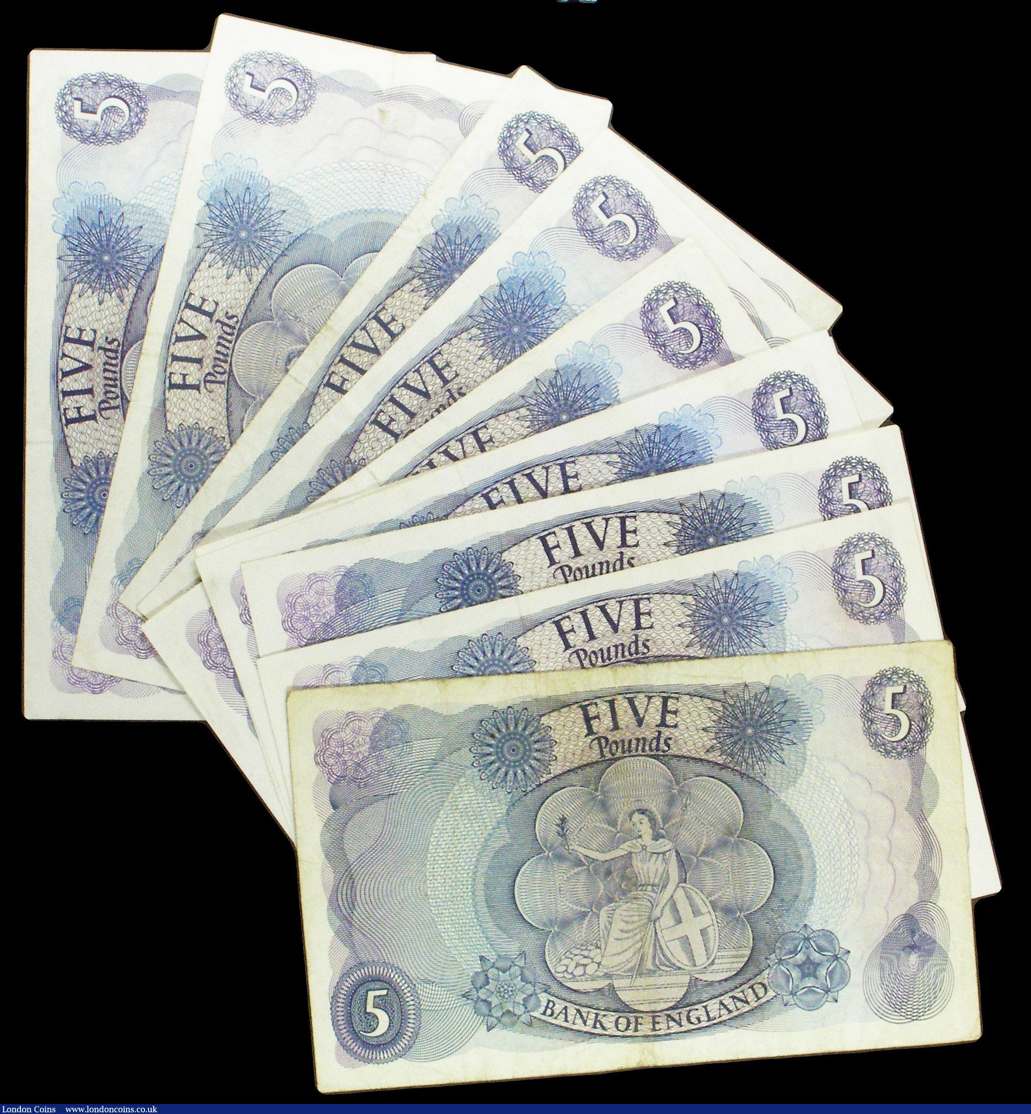 London Coins : A154 : Lot 68 : Five pounds Fforde B312 (9) issued 1967, Pick375b mostly gFine to VF a few better plus a Hollom &pou...