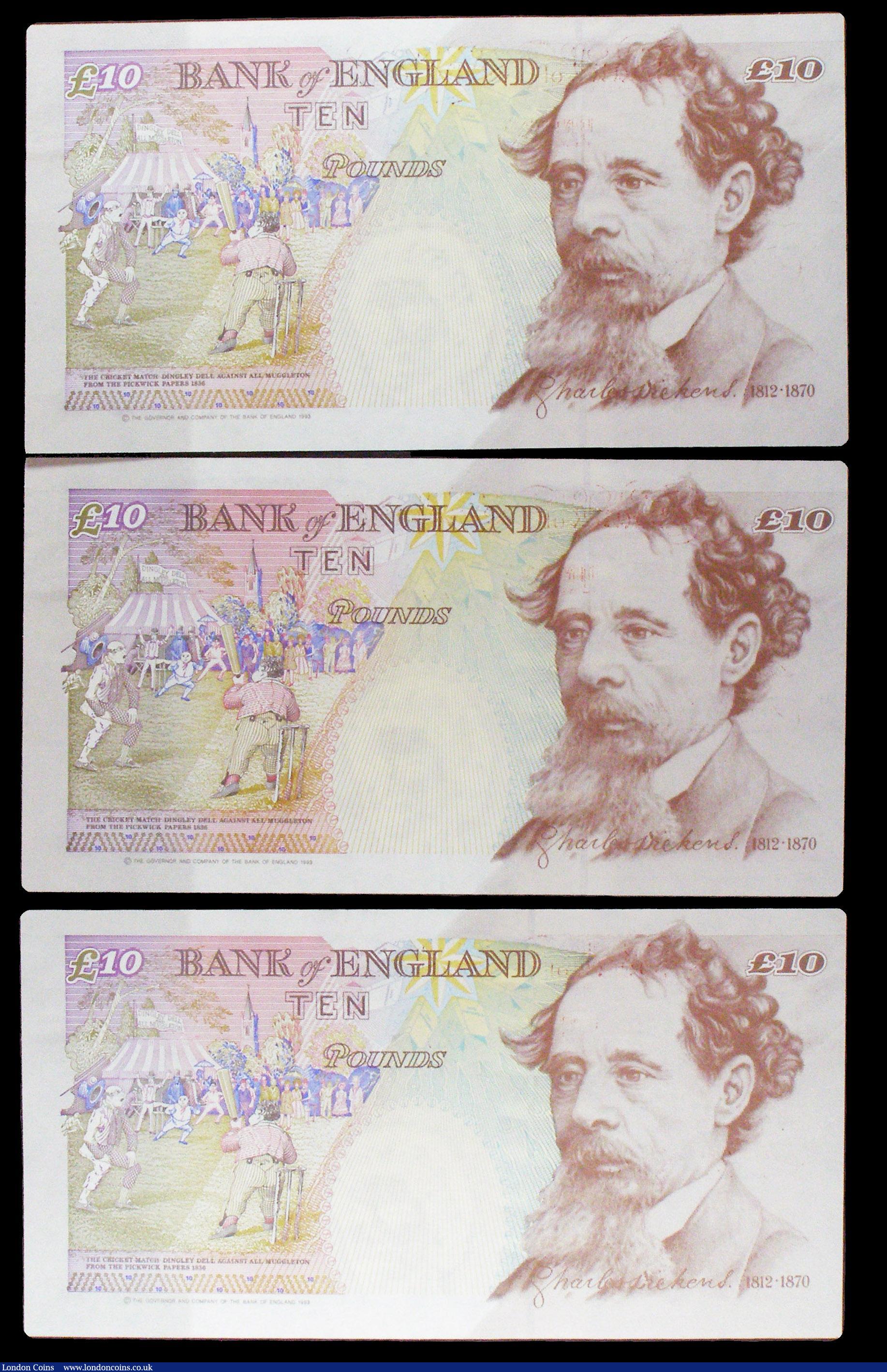 London Coins : A154 : Lot 84 : Ten Pounds Kentfield B369 (3) issued 1993, mid series KE80 and last series KK16 and KK31, GEF or bet...