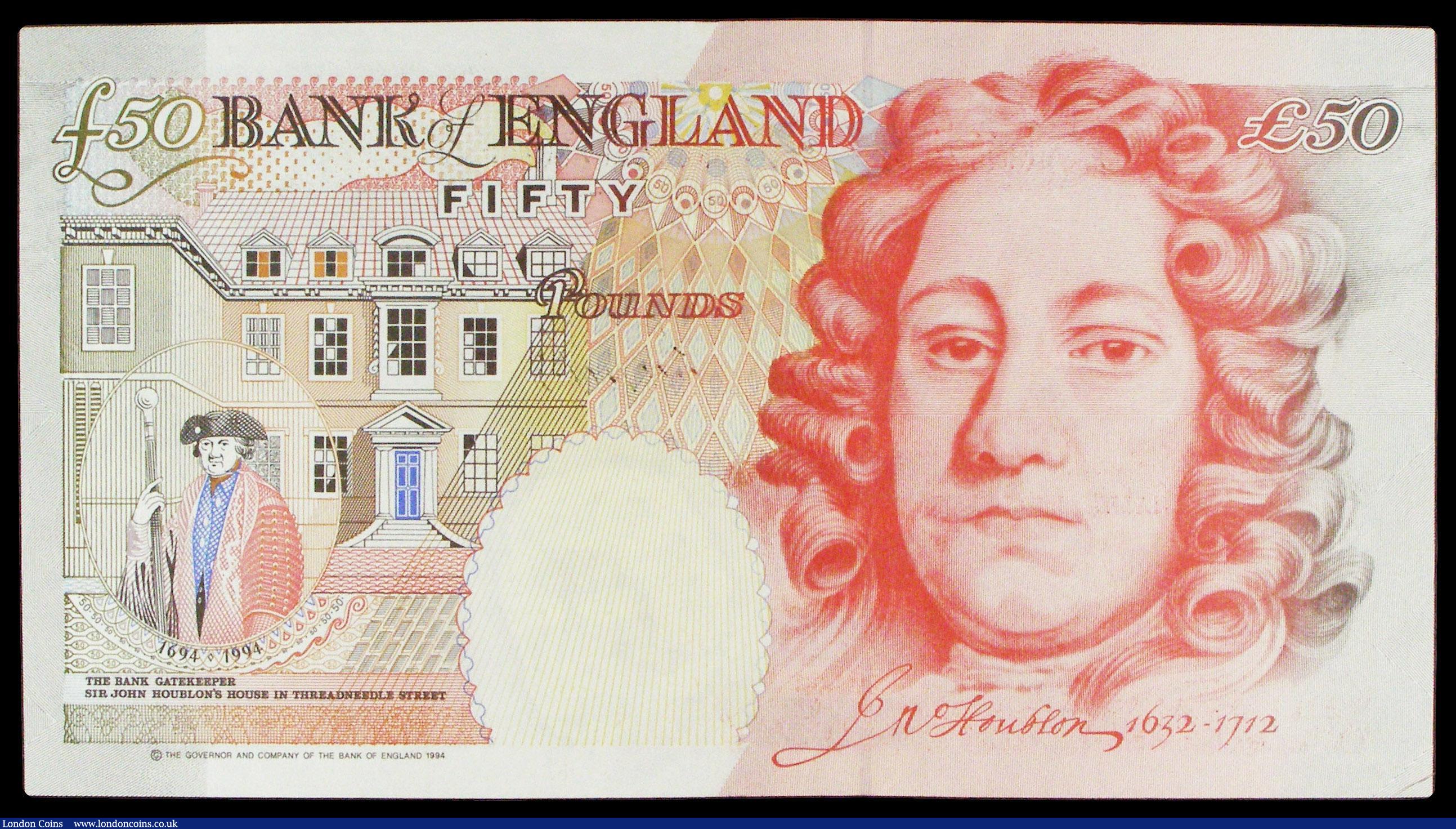 London Coins : A154 : Lot 87 : Fifty Pounds Kentfield B378 issued 1994 experimental series A99 704685, counting flick only, GEF