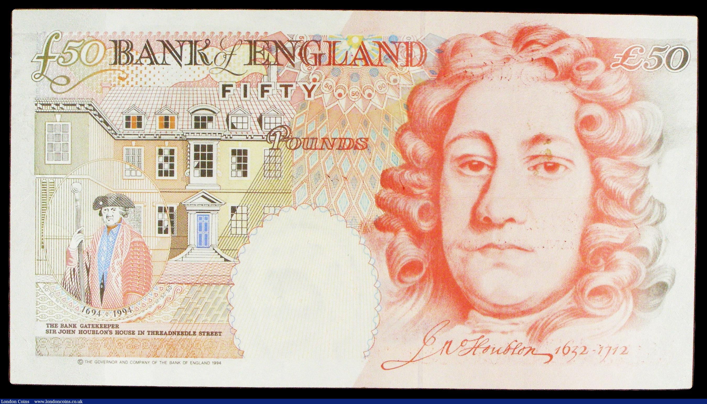 London Coins : A154 : Lot 88 : Fifty pounds Lowther B385 issued 1999 a mid run column sort, first series L01 894594, GVF