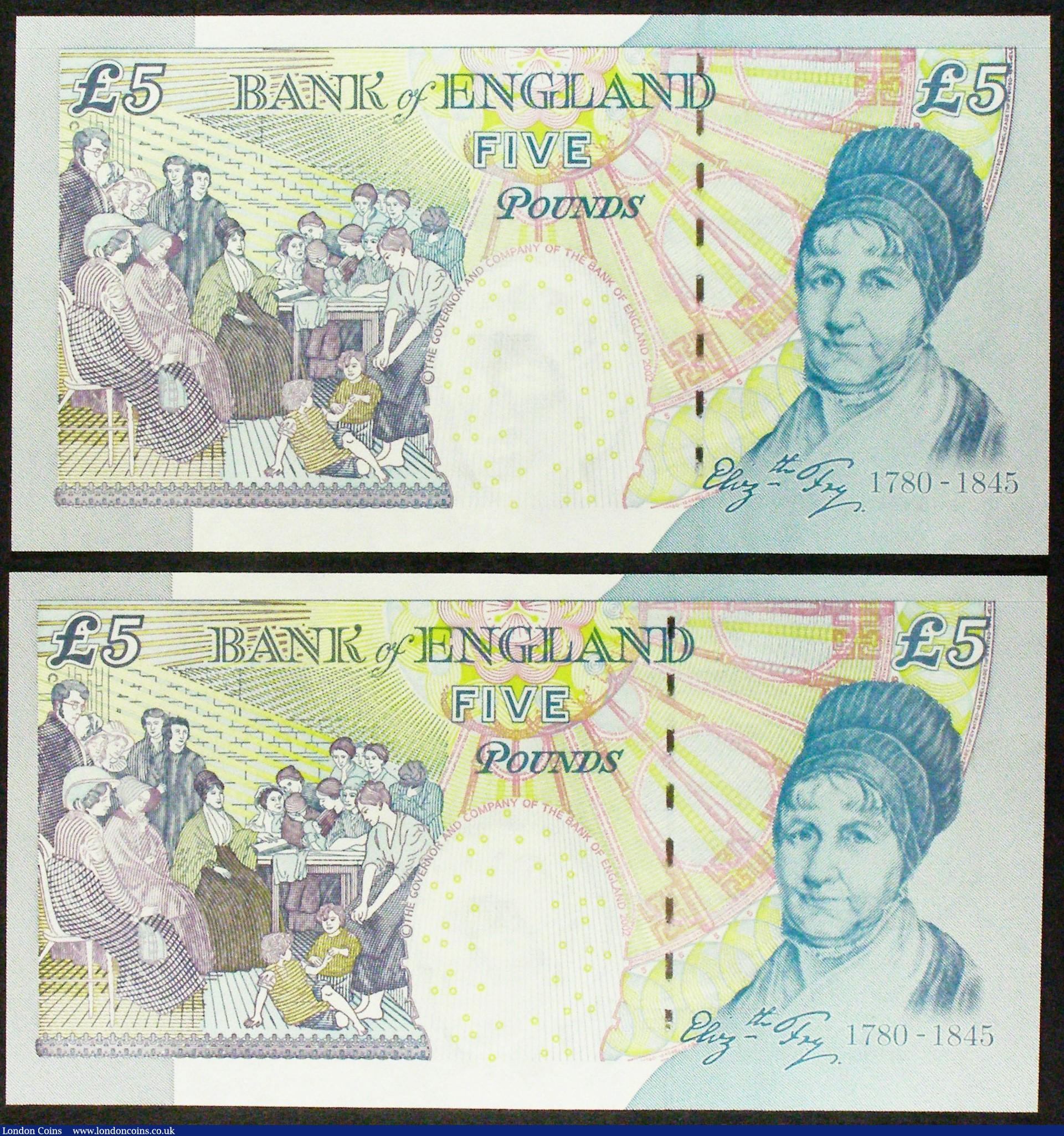 London Coins : A154 : Lot 91 : Five Pounds Lowther B395 (2) issued 2002, half halo type, different prefixes but matching numbers, H...
