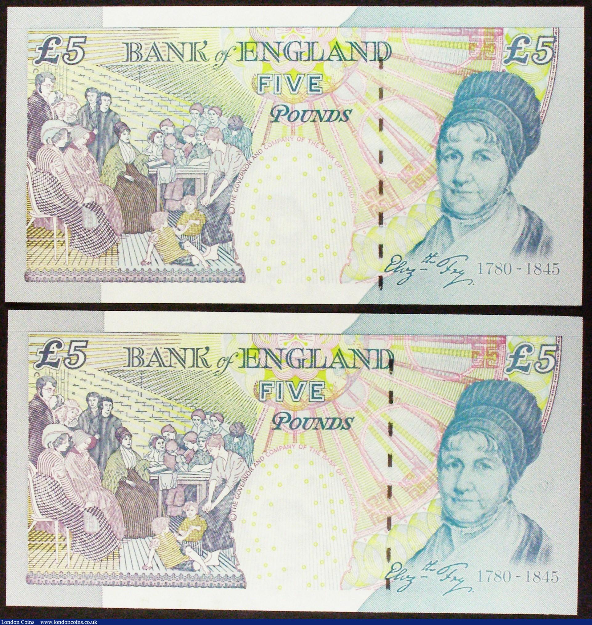 London Coins : A154 : Lot 92 : Five Pounds Bailey B398 (2) issued 2004 different prefixes but matching numbers, JD07 789785 & J...