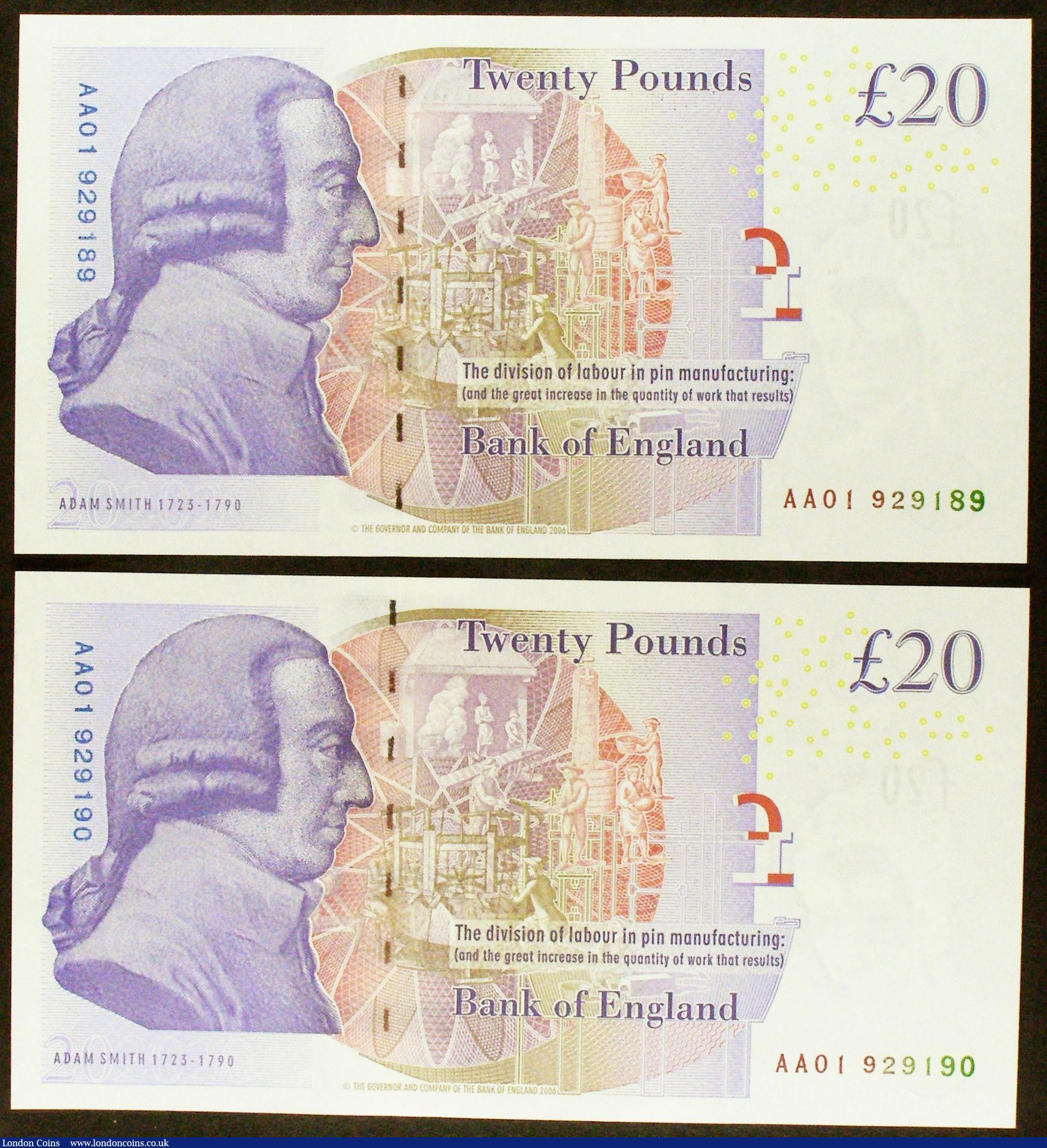 London Coins : A154 : Lot 93 : Twenty pounds Bailey B405 (2) issued 2007, a consecutively numbered pair, first series AA01, Pick392...