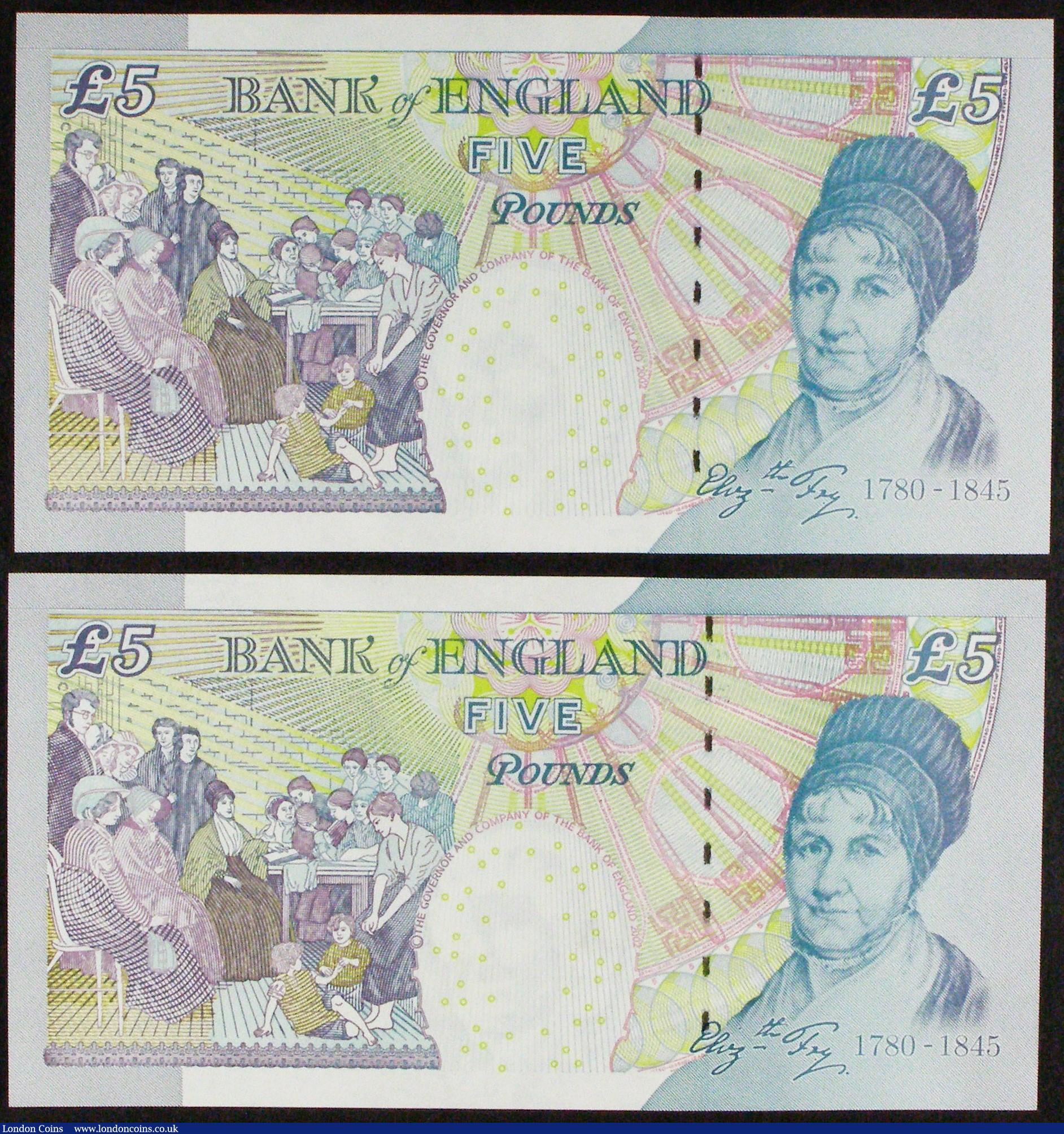 London Coins : A154 : Lot 94 : Five pounds Salmon B407 (2) issued 1999, different prefixes but matching numbers series MC34 356118 ...