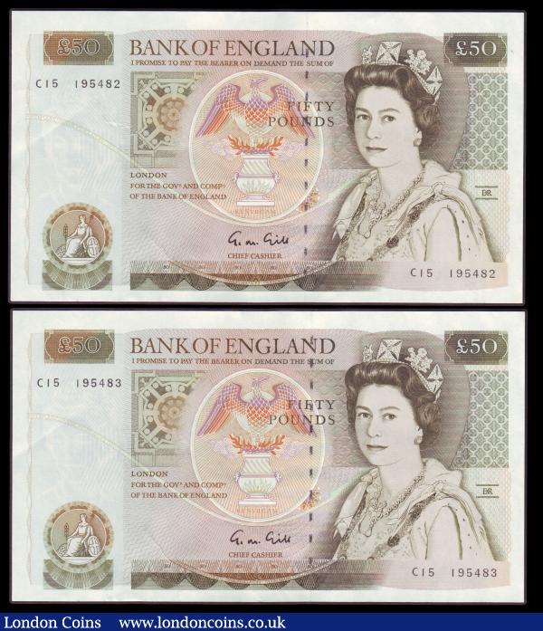 Fifty pounds Gill B356 (2) a consecutively numbered pair series C15 195482 & C15 195483, Pick381b, GEF to about UNC : English Banknotes : Auction 155 : Lot 1757