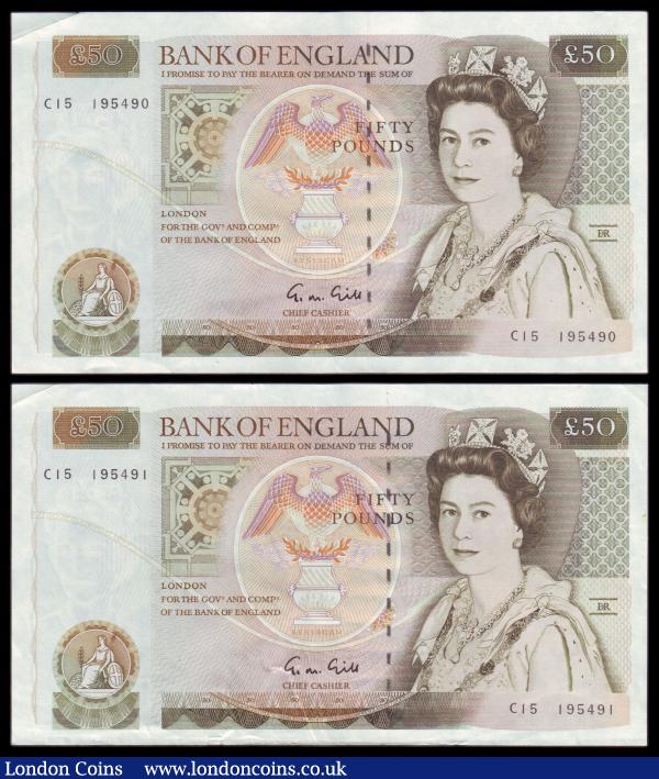 Fifty pounds Gill B356 (2) a consecutively numbered pair series C15 195490 & C15 195491, Pick381b, EF to GEF : English Banknotes : Auction 155 : Lot 1761