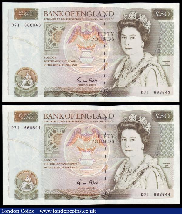 Fifty pounds Gill B356 (2) a consecutively numbered pair series D71 666643 & D71 666644, Pick381b, about UNC to UNC : English Banknotes : Auction 155 : Lot 1767