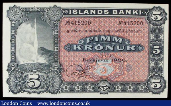Iceland 5 kronur dated 1920 serial No.415117, 1 signature remainder, Pick15r, geyser in vignette at left, about UNC : World Banknotes : Auction 155 : Lot 1875