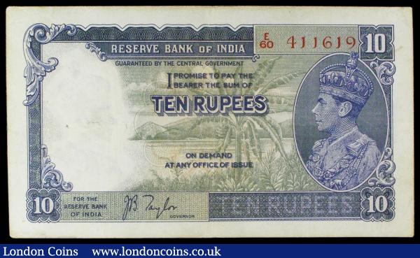 India 10 rupees issued 1937 series E/60 411619, KGV1 portrait at right, signed Taylor, Pick18a, small holes at left, pressed VF  : World Banknotes : Auction 155 : Lot 1879