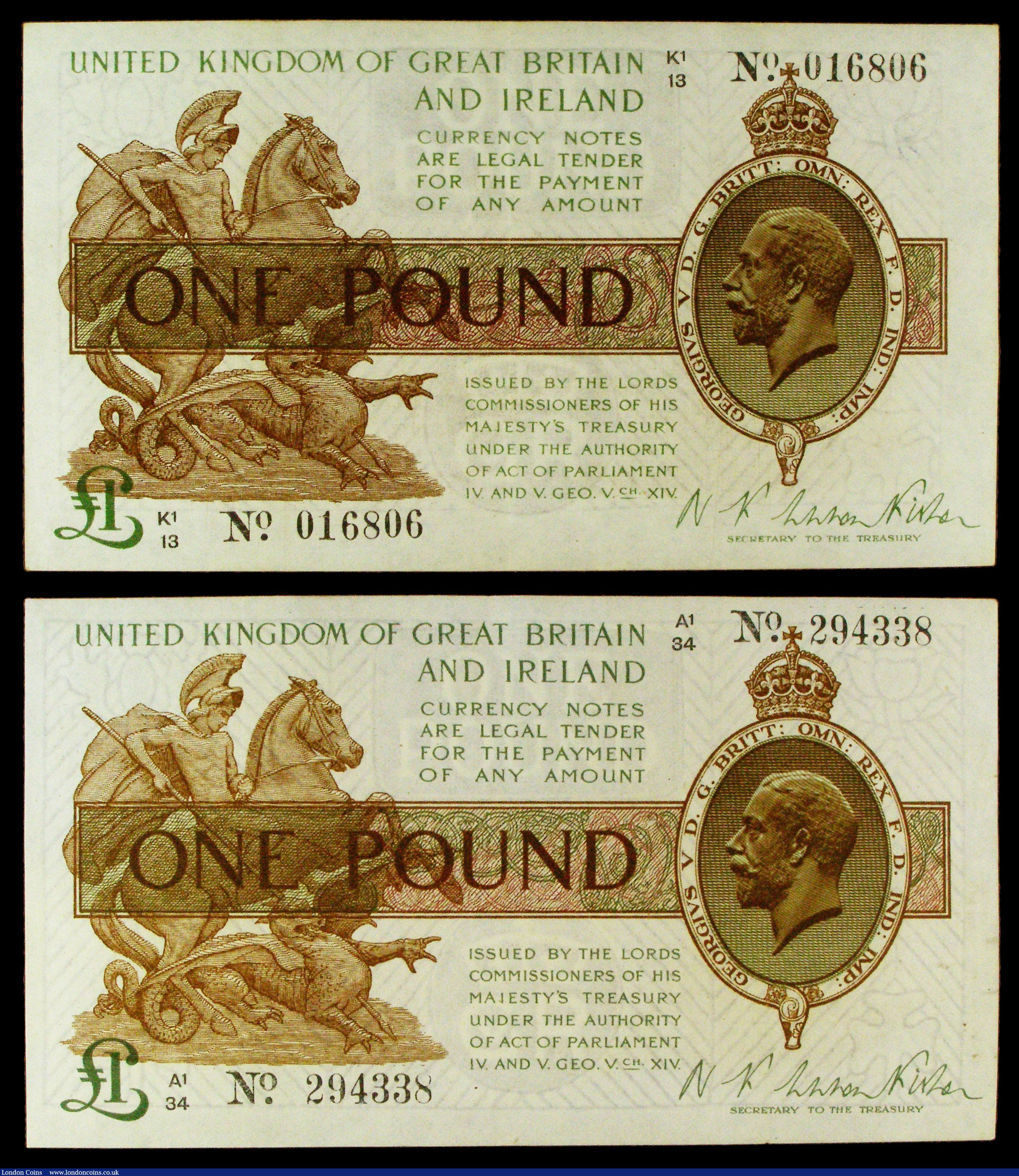 London Coins : A155 : Lot 1681 : One Pound Warren Fisher T31 (5) A1/34 294338 Near EF, A1/70 998852 Near EF, C1/35 Good VF, F1/36 Nea...