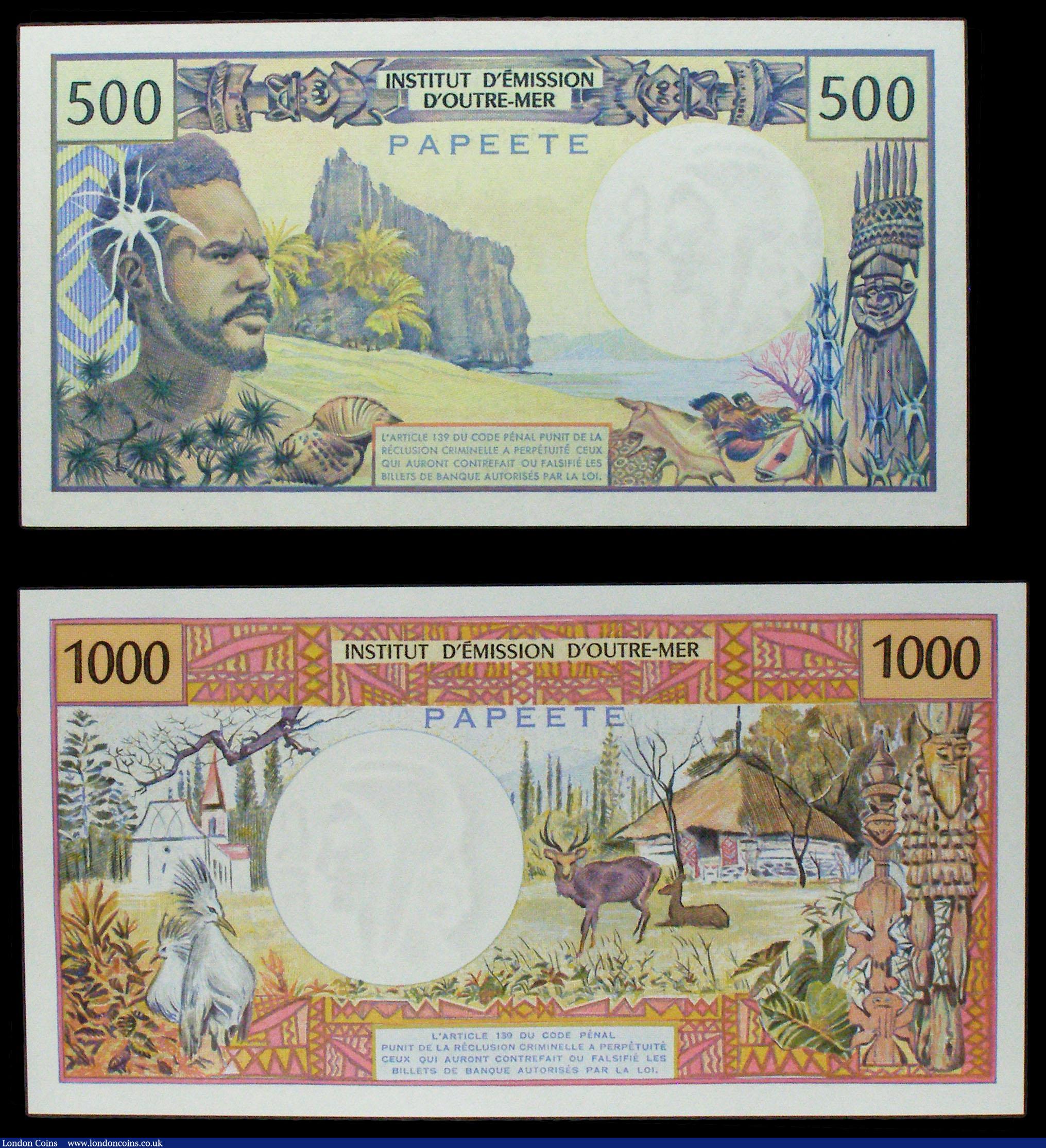 London Coins : A155 : Lot 1999 : Tahiti (2) 500 francs & 1000 francs both issued 1985, signature 5, PAPEETE on reverse, Pick25d a...