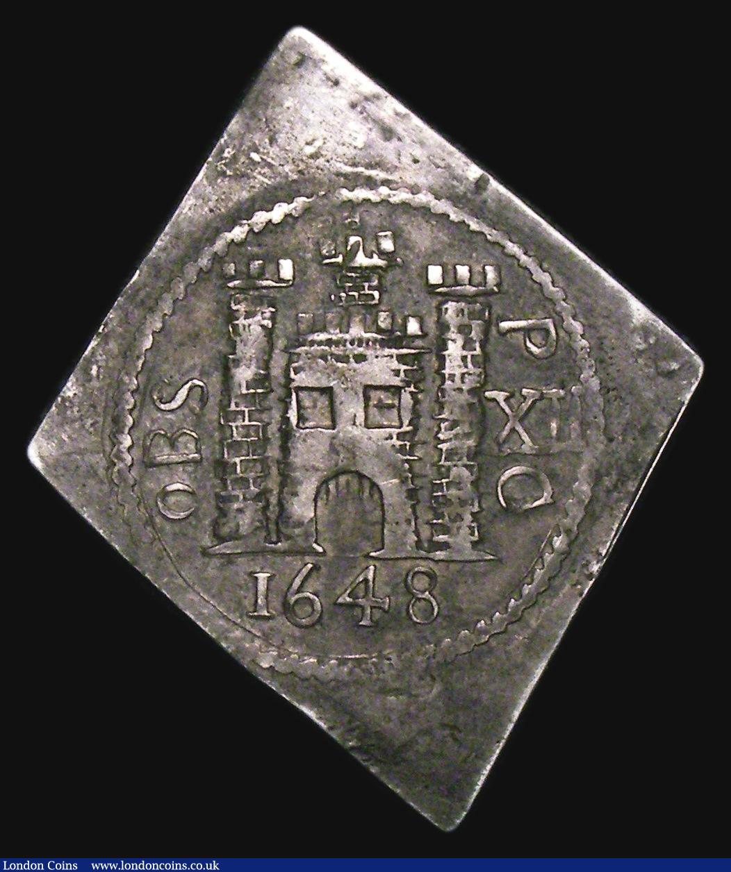 London Coins : A155 : Lot 526 : Shilling Charles I 1648 Pontefract besieged, lozenge-shaped with XII to right of castle, dividing PC...