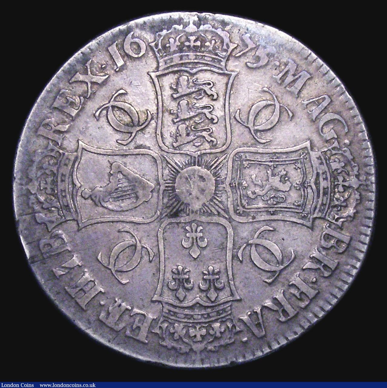 London Coins : A155 : Lot 554 : Crown 1675 5 over 3 VICESIMO SEPTIMO ESC 50A Fine, Very rare in any grade, rated R3 by ESC, our arch...