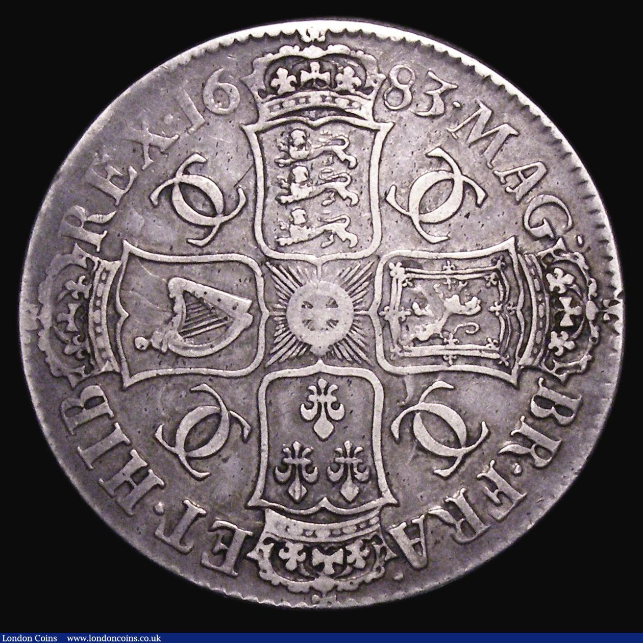 London Coins : A155 : Lot 556 : Crown 1683 TRICESIMO QVINTO ESC 66 Fine or slightly better with grey tone, evenly struck, unusual fo...