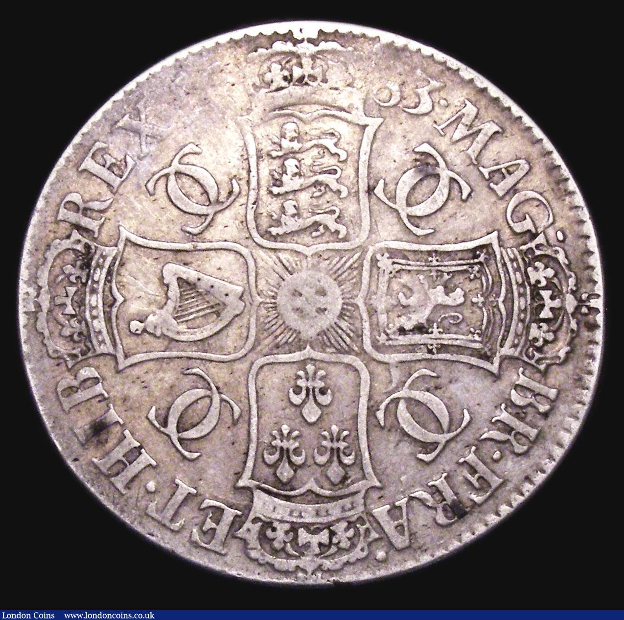 London Coins : A155 : Lot 557 : Crown 1683 TRICESIMO QVINTO ESC 66 Fine with some weakness at the top of the reverse, Ex-Alan Barr C...