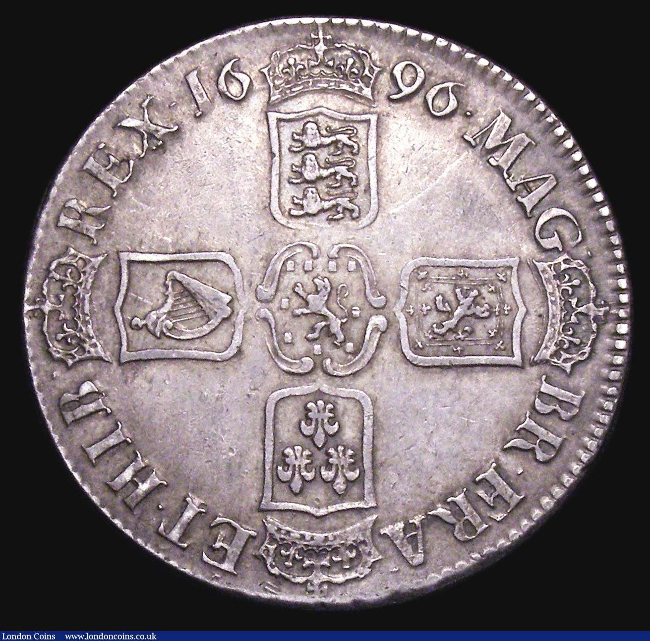 London Coins : A155 : Lot 562 : Crown 1696 Third Bust OCTAVO ESC 94, VF/About VF, Ex-Roderick Richardson, ESC states the same rarity...