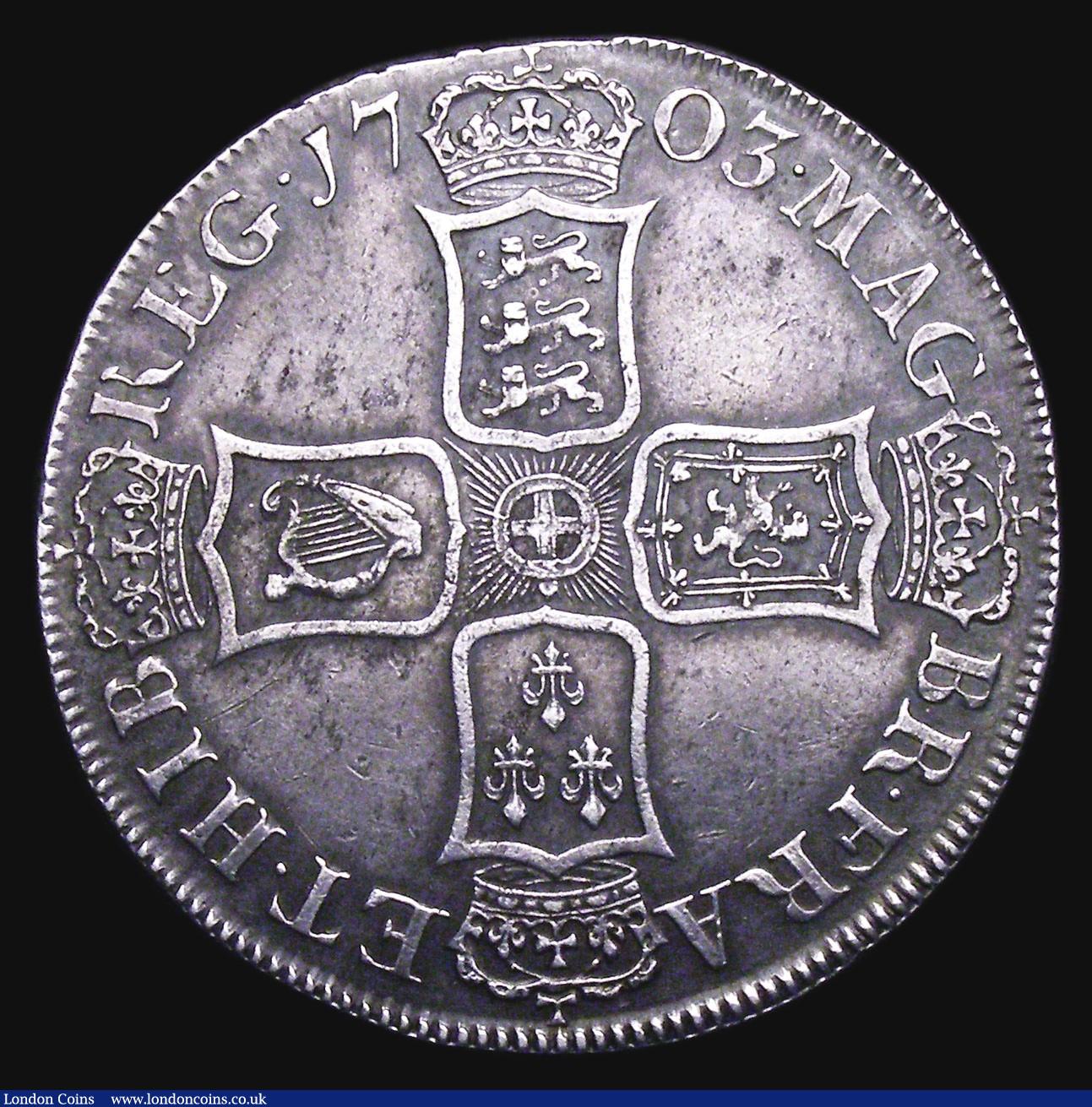 London Coins : A155 : Lot 563 : Crown 1703 VIGO ESC 99 Obverse GVF, Reverse VF or better, with a pleasing grey tone, Ex-Spink