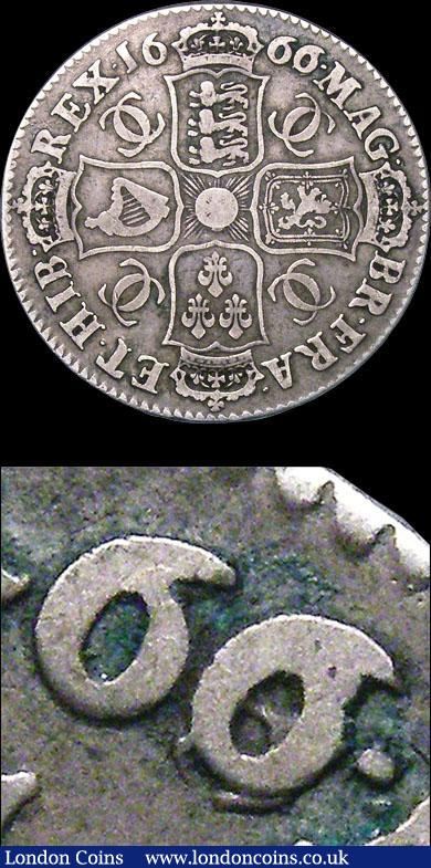 London Coins : A155 : Lot 581 : Halfcrown 1666 the 6 overstruck, probably over an 8 (see footnote in 1992 ESC regarding Harrington M...