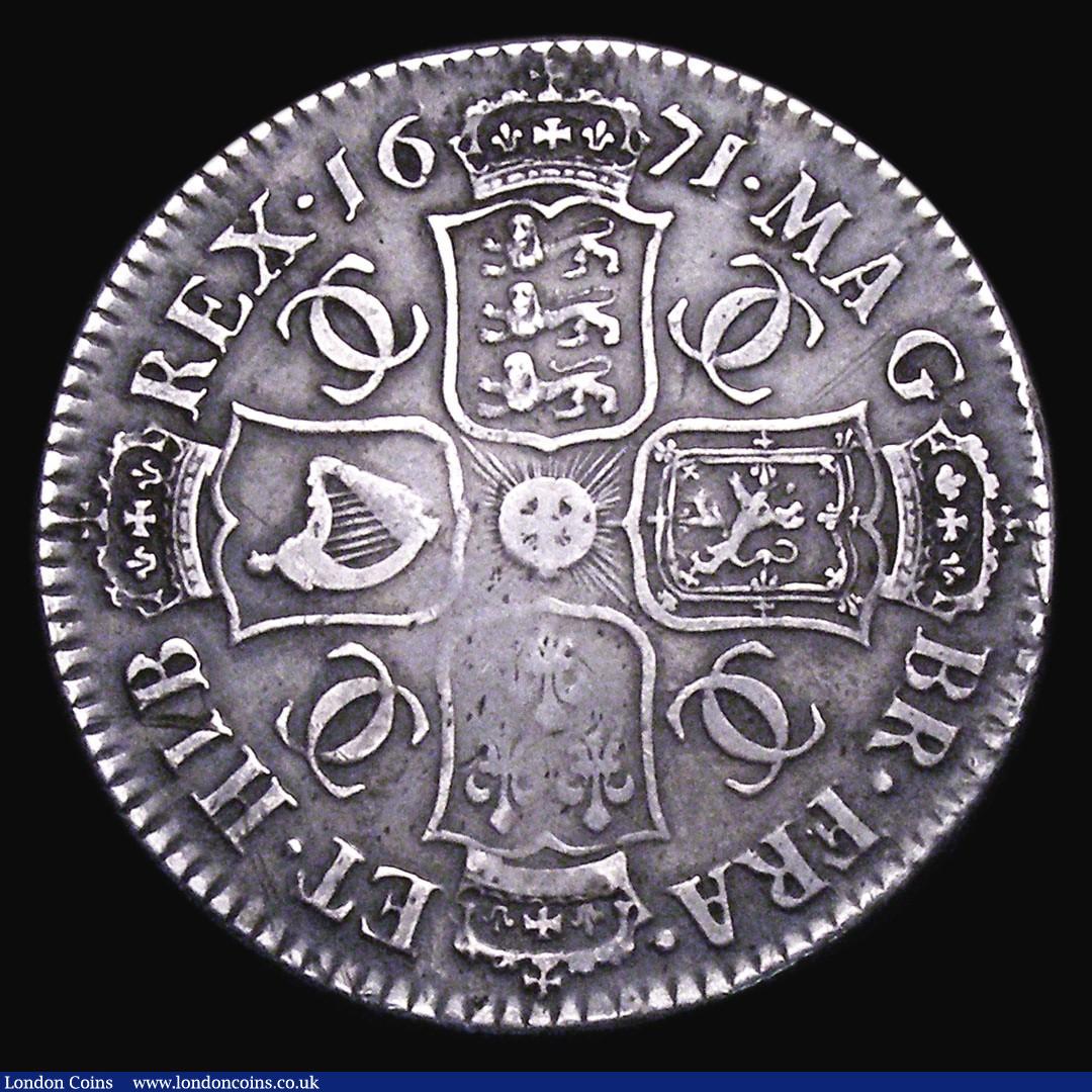 London Coins : A155 : Lot 583 : Halfcrown 1671 ESC 468 Fine or slightly better with grey tone and some light haymarking, pleasing fo...