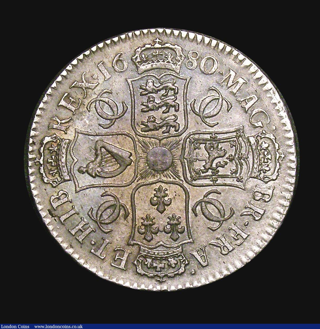 London Coins : A155 : Lot 588 : Halfcrown 1680 ESC 485 VF/GVF, with a pleasant underlying tone, Very rare and rated R3 by ESC, proba...