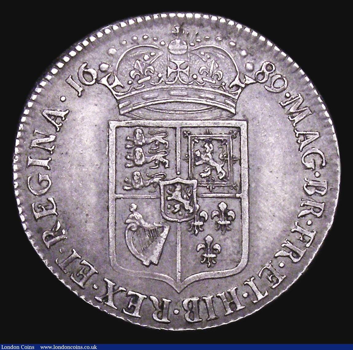 London Coins : A155 : Lot 592 : Halfcrown 1689 First Shield, Caul only frosted, no pearls ESC 506 VF with a pleasing grey tone