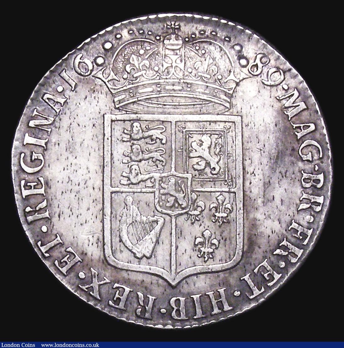 London Coins : A155 : Lot 593 : Halfcrown 1689 First Shield, Caul only frosted, with pearls ESC 505 VF/About VF with some light haym...