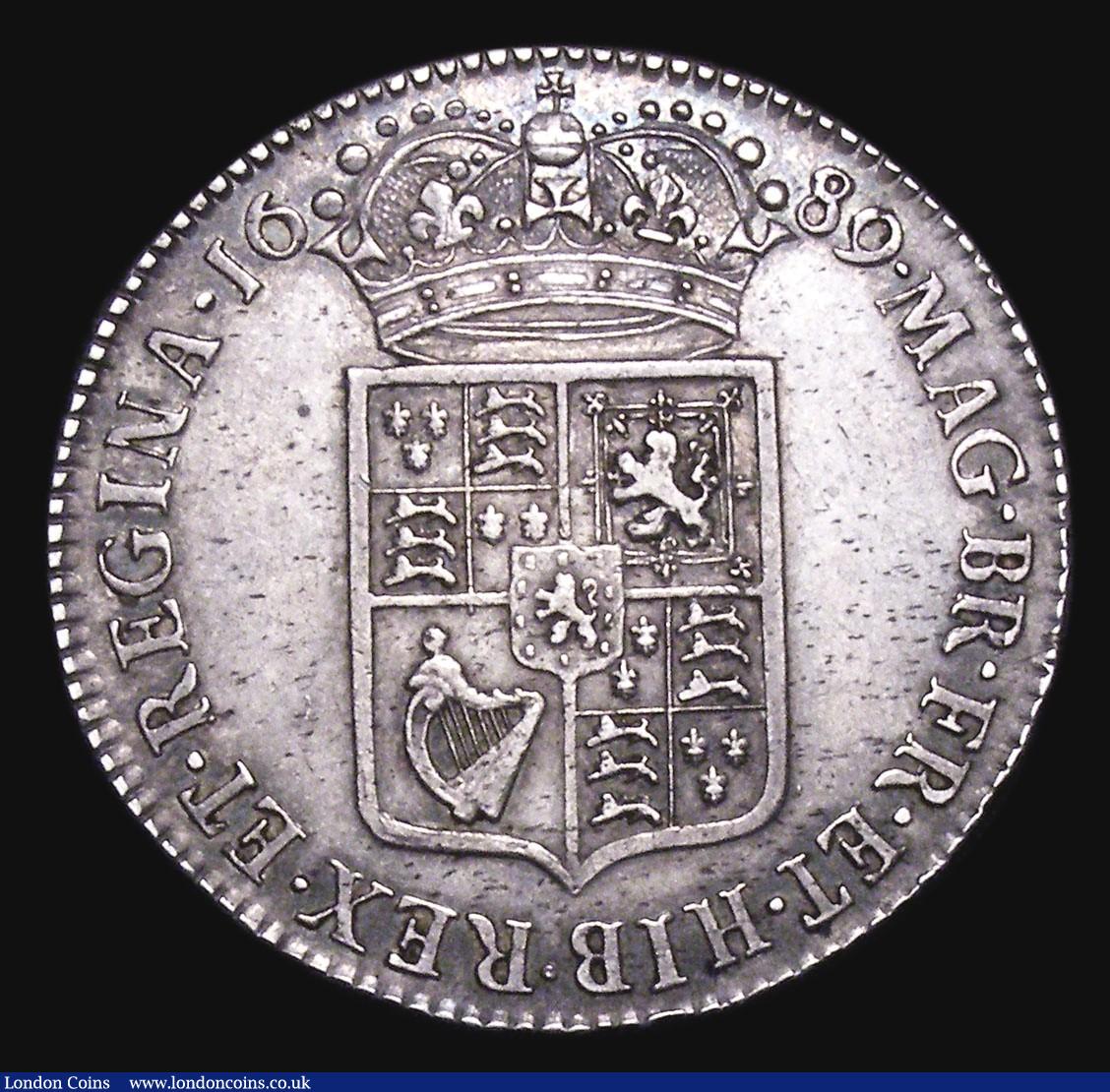 London Coins : A155 : Lot 594 : Halfcrown 1689 Second Shield, Caul only frosted, with pearls, GVF/VF and bold