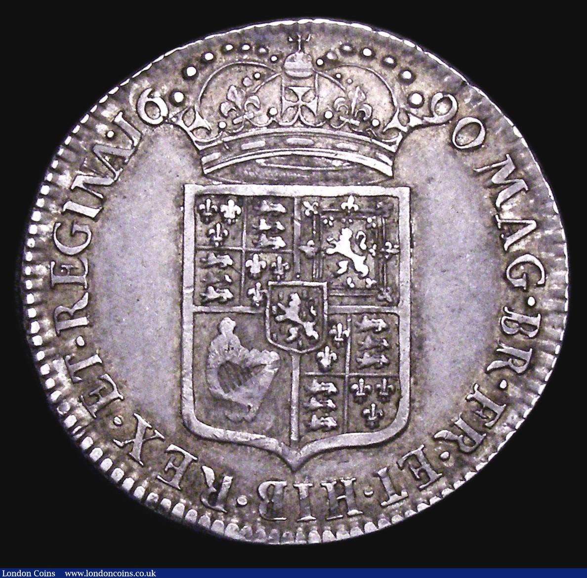 London Coins : A155 : Lot 595 : Halfcrown 1690 SECVNDO, as ESC 513 with second L in GVLIELMVS struck over another L, the underlying ...