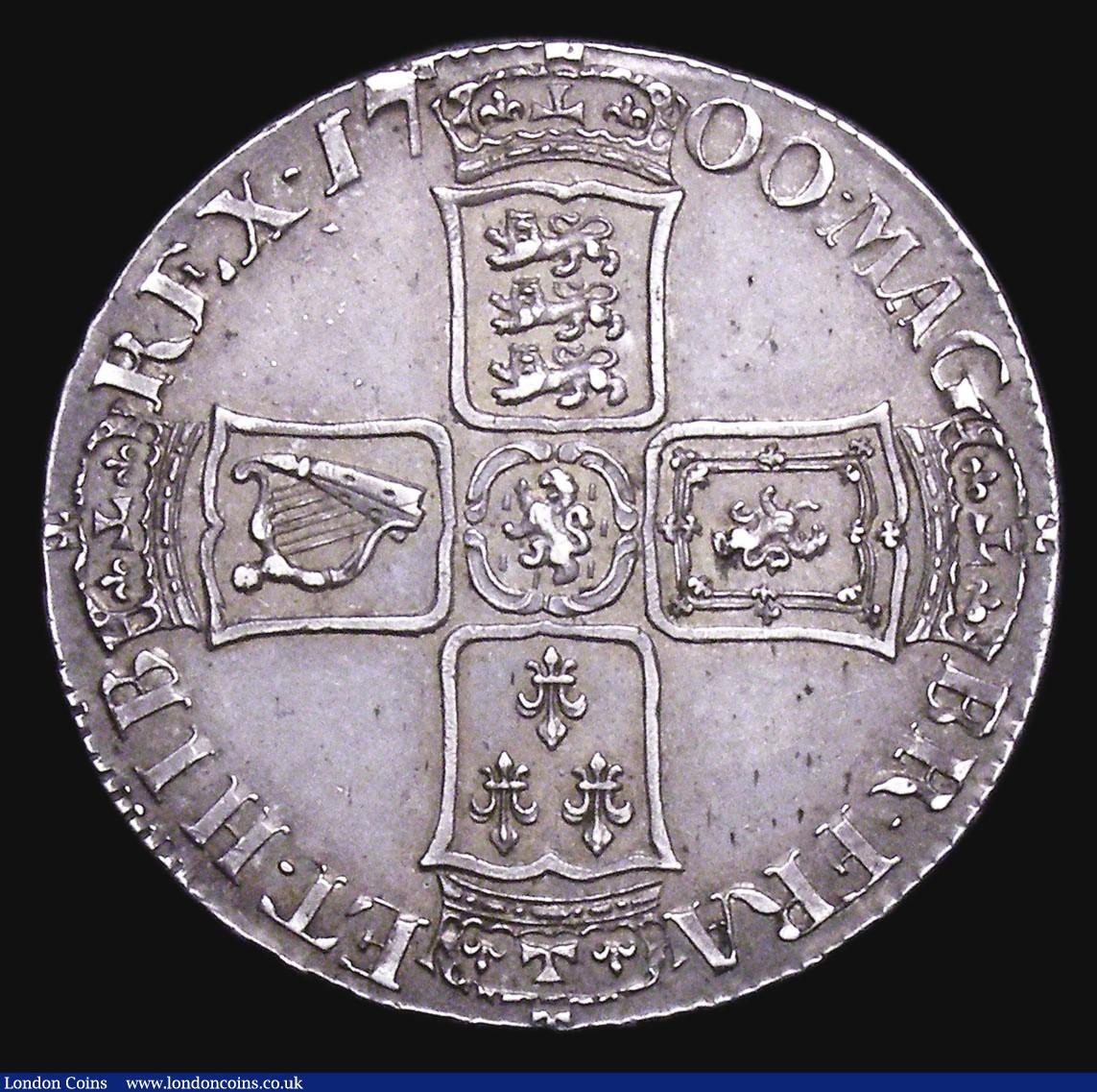 London Coins : A155 : Lot 599 : Halfcrown 1700 DECIMO TERTIO ESC 562 Nearer EF than VF attractively toned, the obverse with some lig...