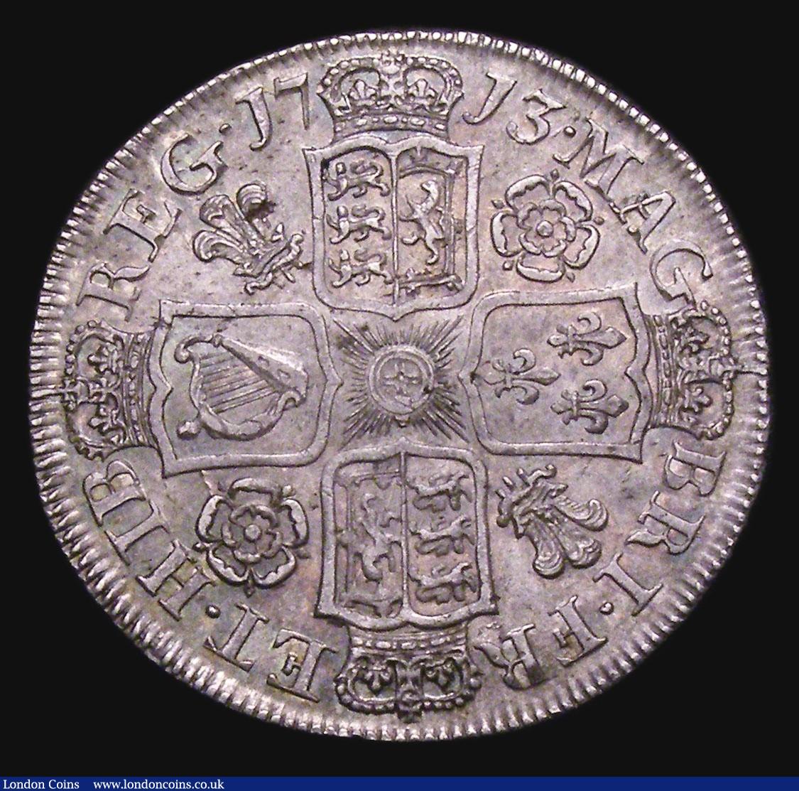 London Coins : A155 : Lot 605 : Halfcrown 1713 Roses and Plumes ESC 584 VF/GVF with a pleasant and subtle colourful tone, the obvers...