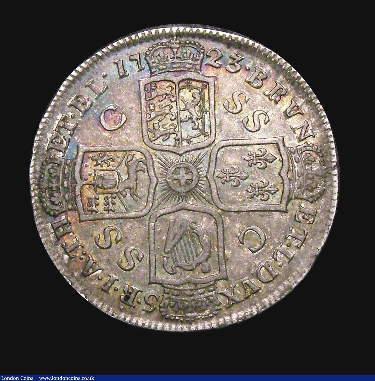 London Coins : A155 : Lot 606 : Halfcrown 1723 SSC ESC 592 VF/GVF the reverse with a colourful and pleasing tone