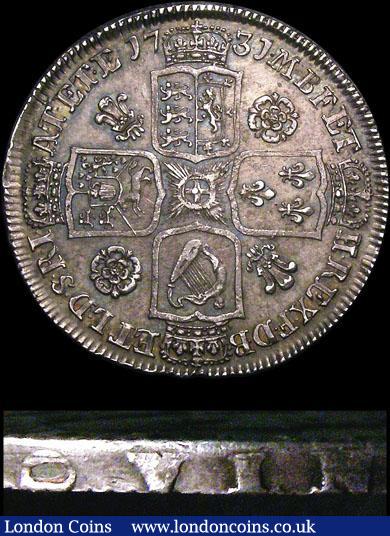 London Coins : A155 : Lot 607 : Halfcrown 1731 Roses and Plumes, also Q of QVINTO rotated 90 degrees clockwise, this type unlisted b...