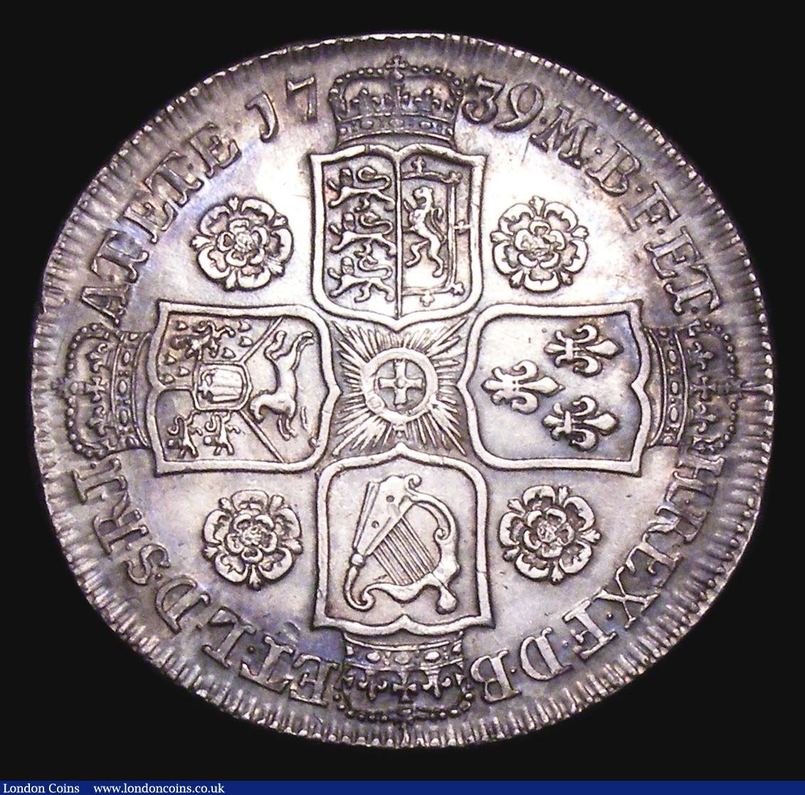 London Coins : A155 : Lot 608 : Halfcrown 1739 Roses ESC 600 GVF toned the obverse with some contact marks and adjustment lines