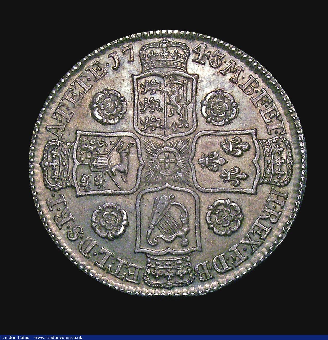 London Coins : A155 : Lot 609 : Halfcrown 1743 Roses, U for V in GEORGIUS ESC 603A Choice EF/GEF with a most attractive grey tone wi...