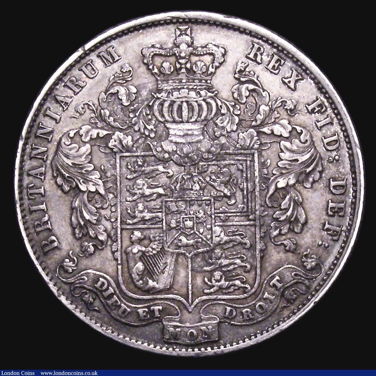 London Coins : A155 : Lot 619 : Halfcrown 1828 ESC 648 NVF/VF toned, the obverse with some light hairlines, Rare