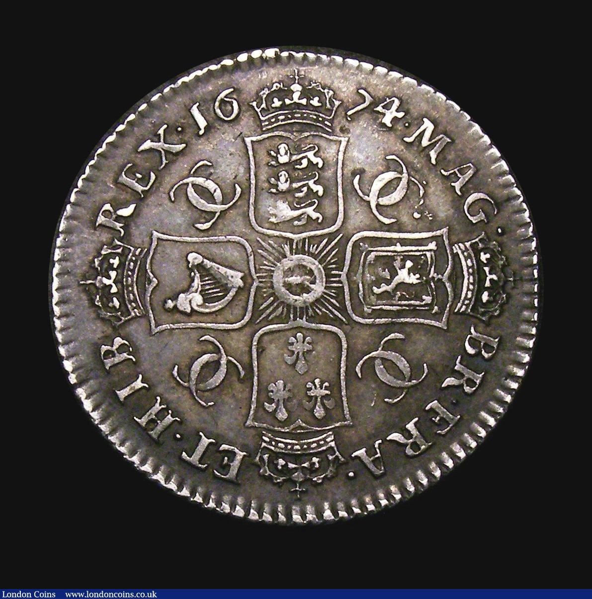 London Coins : A155 : Lot 627 : Shilling 1674 4 over 3 ESC 1039A GVF with an attractive grey tone and excellent eye appeal, the obve...