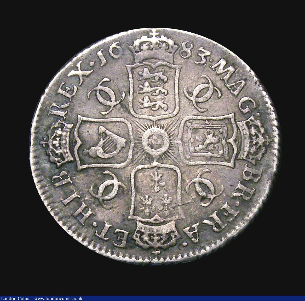 London Coins : A155 : Lot 631 : Shilling 1683 Fourth Bust ESC 1065 NVF/GF with a thin scratch on the bust, Very Rare, rated R2 by ES...