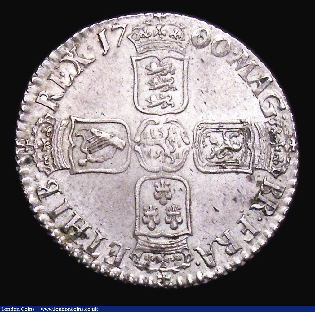 London Coins : A155 : Lot 640 : Shilling 1700 Small 00 in date ESC 1121A EF or near so with some light haymarking and a few light sp...