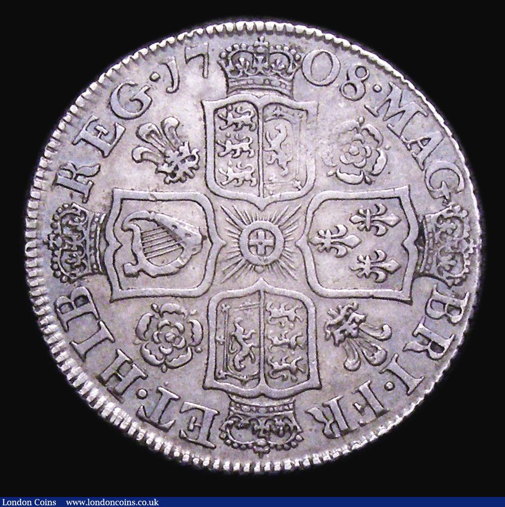 London Coins : A155 : Lot 642 : Shilling 1708 Second Bust, Roses and Plumes ESC 1146 Good Fine, the reverse better, with a pleasant ...