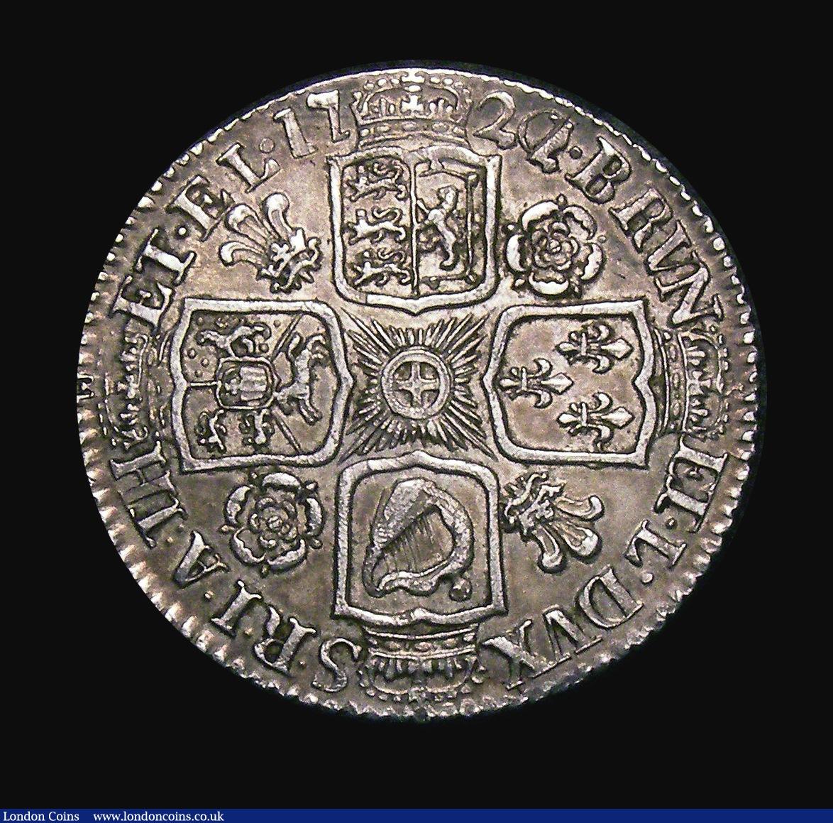 London Coins : A155 : Lot 645 : Shilling 1721 1 over 0 Roses and Plumes ESC 1172, Bull 1578 (9 strings to Harp) About EF/NEF, very r...