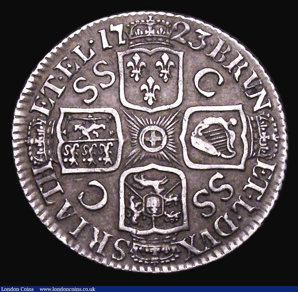 London Coins : A155 : Lot 648 : Shilling 1723 SSC French Arms at date ESC 1177 Good Fine and toned, a bold example of a normally poo...