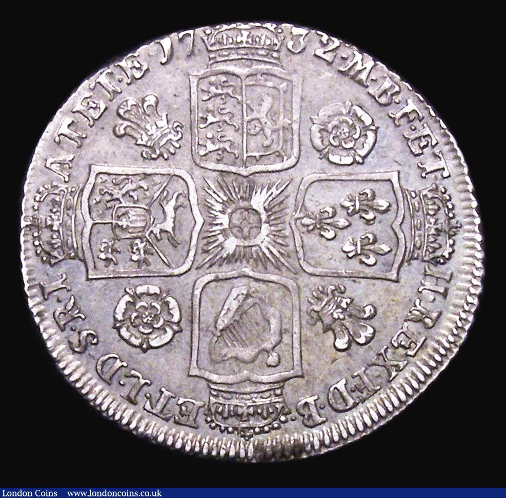 London Coins : A155 : Lot 650 : Shilling 1732 Roses and Plumes ESC 1196 VF with a pleasing tone, struck slightly off-centre