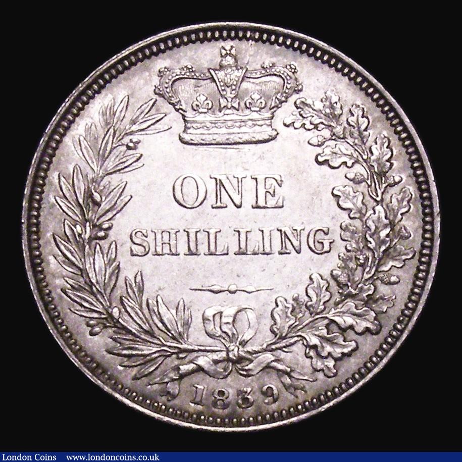 London Coins : A155 : Lot 656 : Shilling 1839 No WW on truncation ESC 1283 GEF and lustrous, the reverse with a scuff below the crow...