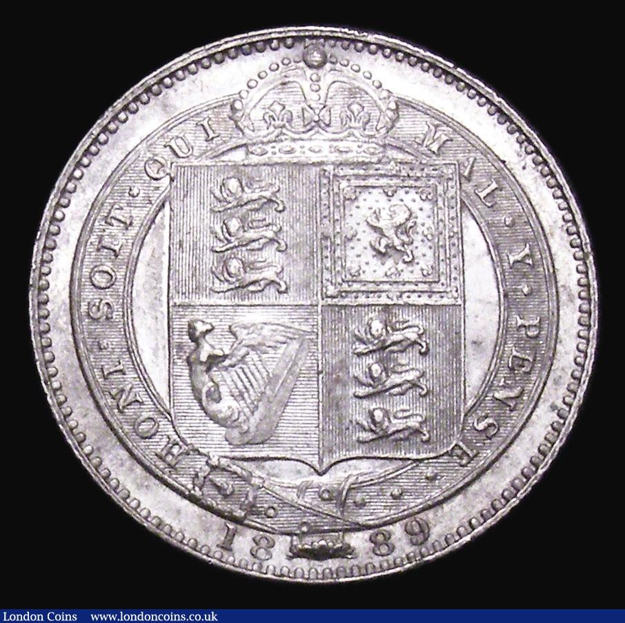 London Coins : A155 : Lot 657 : Shilling 1889 Small Jubilee Head ESC 1354 Davies 984 dies 1C with loop in Q, EF/GEF and lustrous, ve...