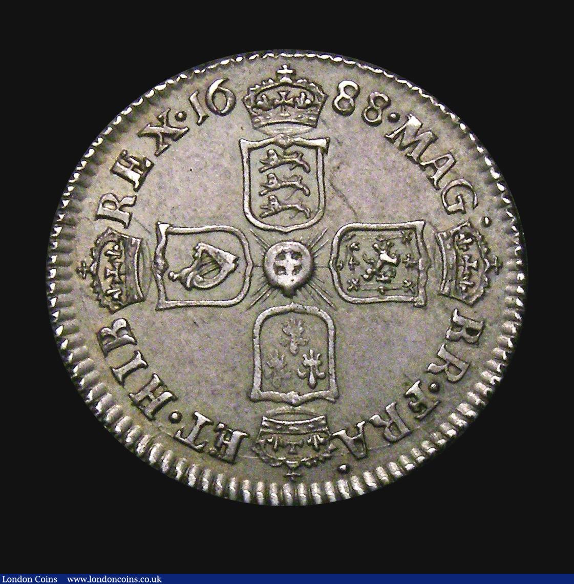 London Coins : A155 : Lot 663 : Sixpence 1688 Later shields, altered from Early shields ESC 1528 EF and with a most attractive grey ...